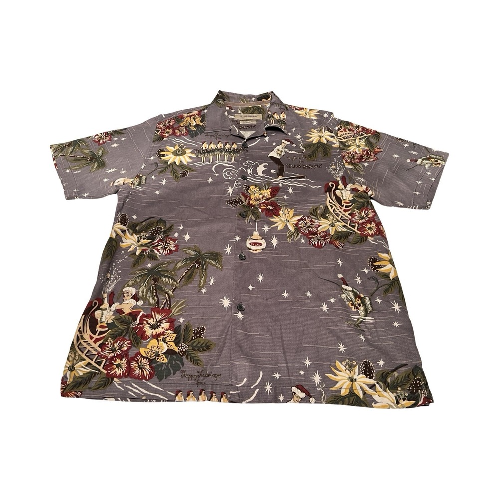Tommy Bahama Mens Silk Mele Kalikimaka Christmas Camp Shirt Grey Purple Medium